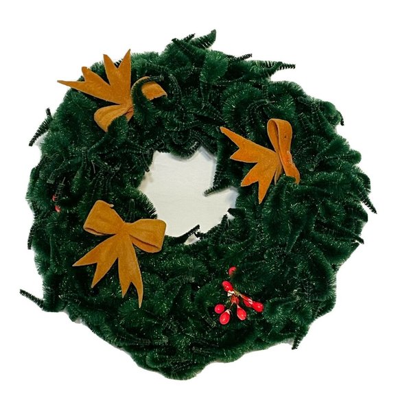 vintage green chenile christmas wreath Decor Gold bows berries - Picture 1 of 7